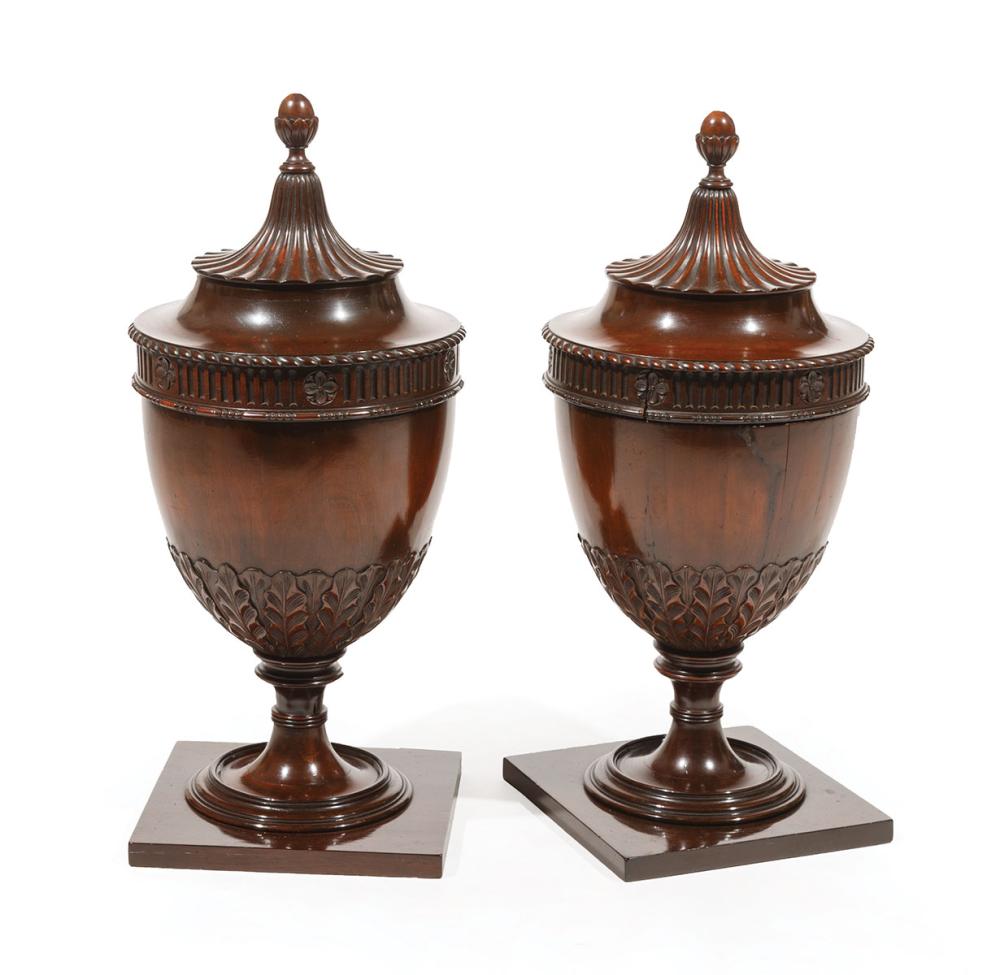 Appraisal: Pair of Georgian-Style Carved Mahogany Cutlery Urns early th c