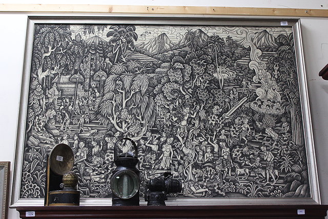 Appraisal: AN INDONESIAN BATIQUE PAINTING depicting various figures among trees and