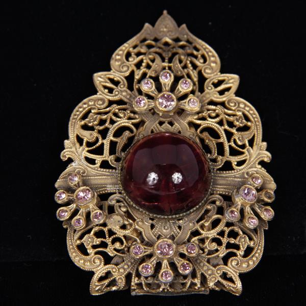 Appraisal: Czech Victorian Reticulated Brass Fur Clip with Purple Glass Cabochon