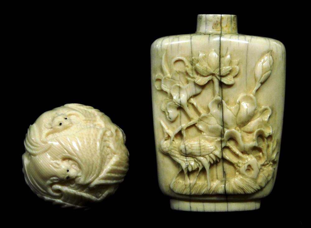 Appraisal: ASIAN Two pieces of ivory including a Japanese ojime probably