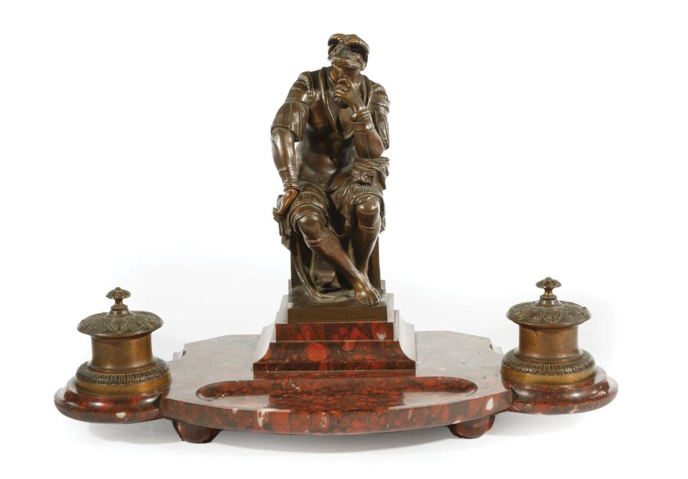 Appraisal: French Bronze-Mounted Rouge Marble Encrier c central bronze figure after