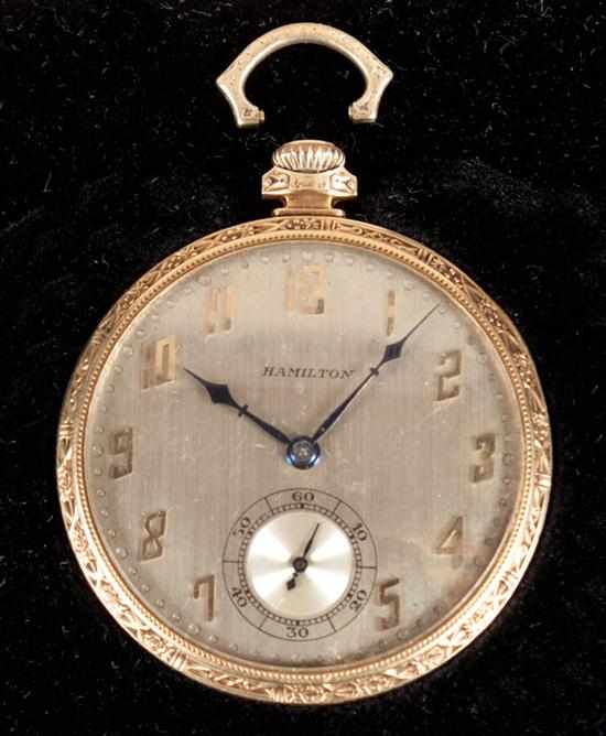 Appraisal: Hamilton K yellow gold open-face pocket watch certificate reads ''movement