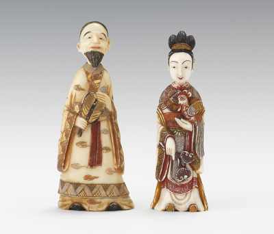 Appraisal: Carved Ivory Figurative Snuff Bottles Well carved ivory figures with