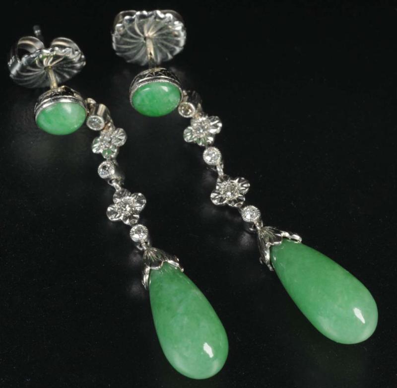 Appraisal: Antique Jewelry Jade Diamond Drop Earrings Description Stones are set