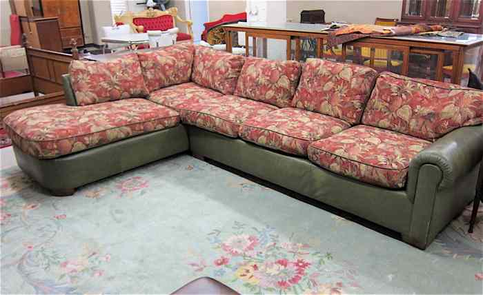 Appraisal: GREEN LEATHER AND TROPICAL TAPESTRY SECTIONAL SOFA SET recent the