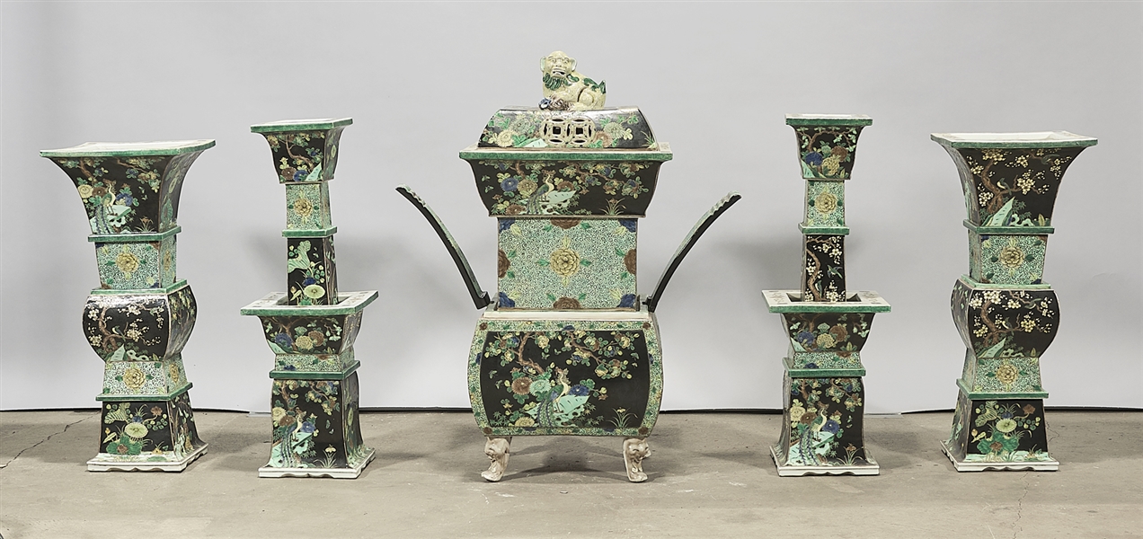 Appraisal: Five-piece Chinese enameled porcelain altar garniture set with lion finial