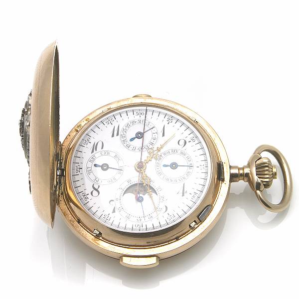 Appraisal: Swiss A k gold hunting cased quarter-repeating triple calendar chronograph