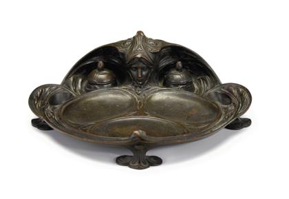 Appraisal: Continental Art Nouveau bronze inkwell circa Dark brown patina the