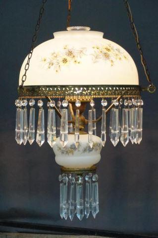 Appraisal: Vintage Handpainted Milk Glass Hanging Lamp ca 's- 's Electric