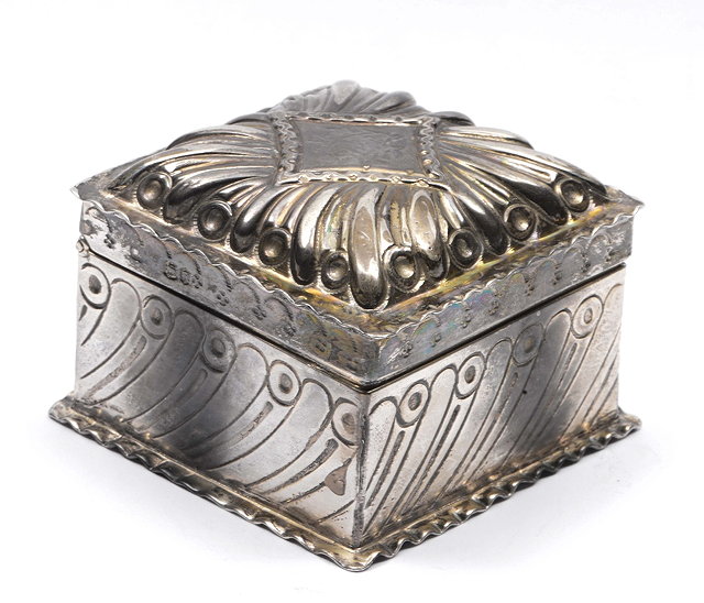 Appraisal: Silver trinket boxof square shaped form with crimped edges and