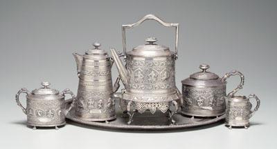 Appraisal: Raj period English silver tea service allover repousse foliage huntsmen