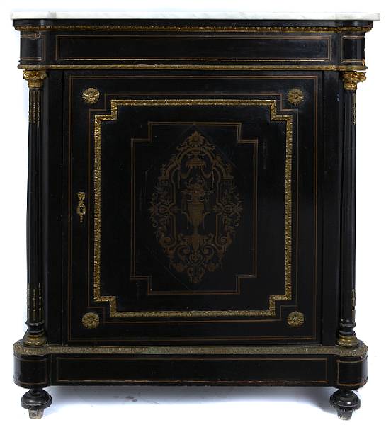 Appraisal: A Napoleon III cut brass inlaid ebonized side cupboard with