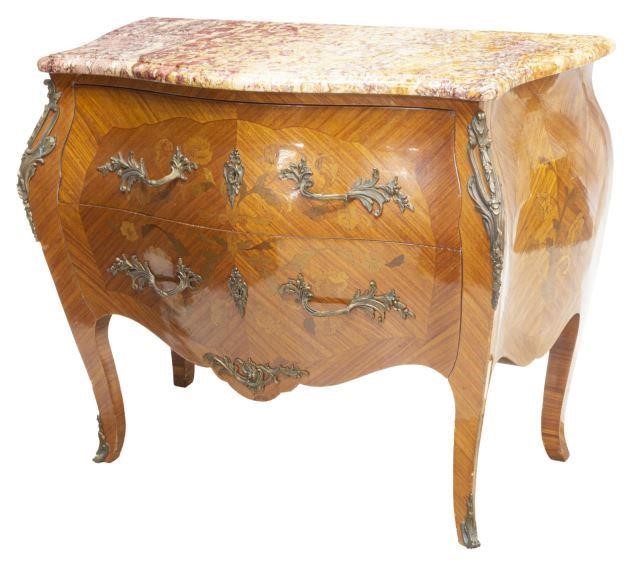 Appraisal: French Louis XV style marble-top burlwood bombe commode late th