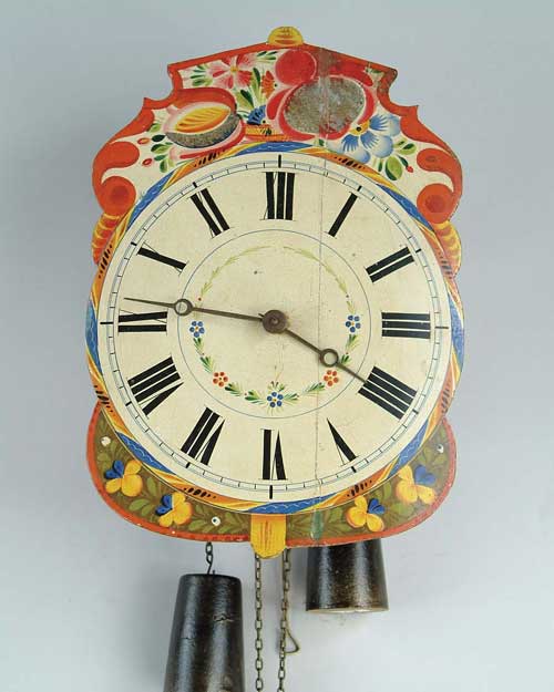 Appraisal: DUTCH STYLE WAG-ON-THE-WALL CLOCK Bright painted dial two-weight movement with