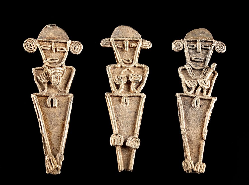 Appraisal: Three Muisca Tumbaga Tunjo Figure Appliques Pre-Columbian Colombia Guatavita Lake