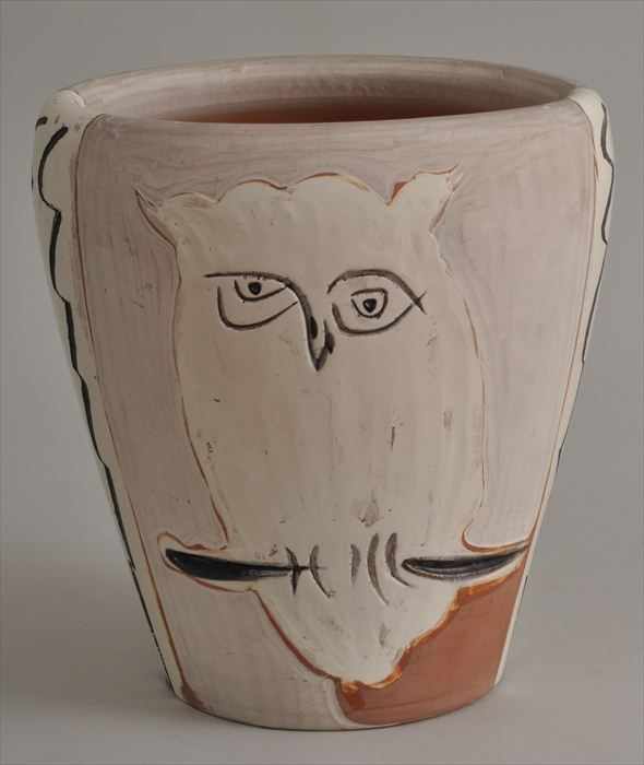 Appraisal: EDITION PICASSO PART-GLAZED POTTERY VASE FACE AND OWL RAMIE Incised