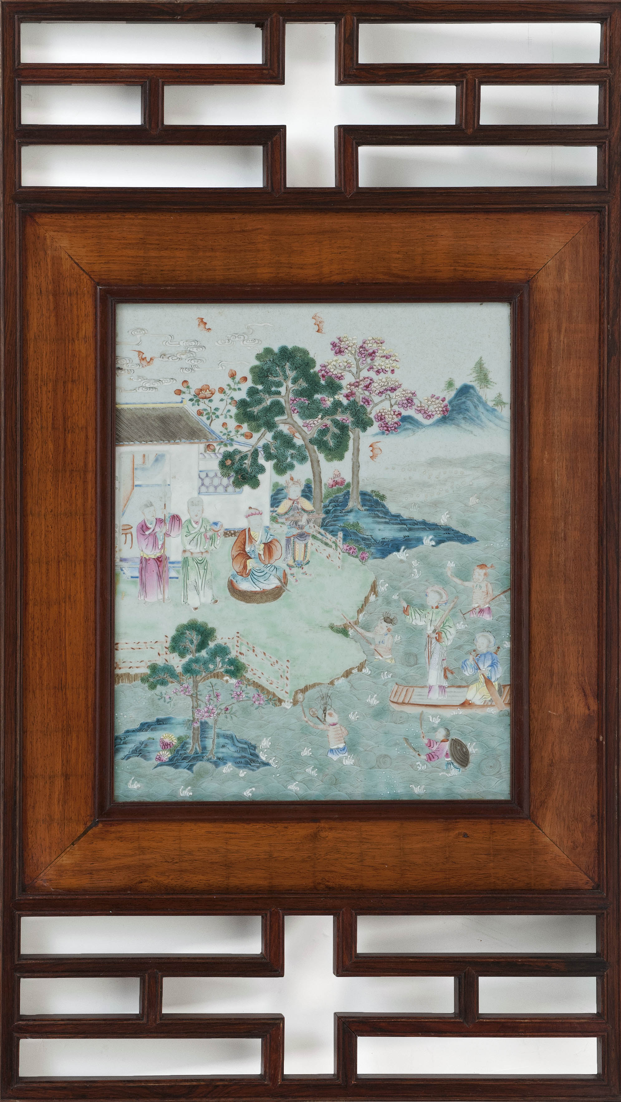 Appraisal: FRAMED FAMILLE VERTE PORCELAIN TILE th CenturyDepicting water spirits approaching