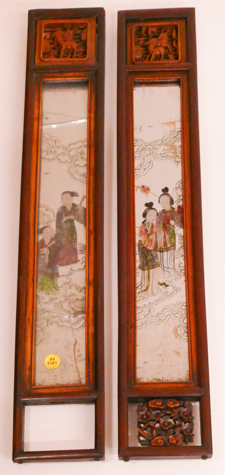 Appraisal: Pair Antique Chinese Reverse Painted Rosewood Panels- AS IS- x