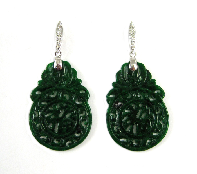 Appraisal: PAIR OF DARK GREEN JADE AND DIAMOND EARRINGS each k