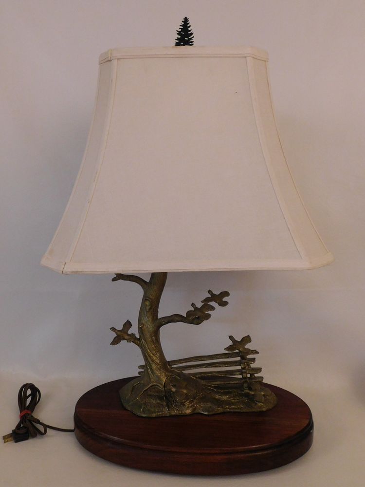 Appraisal: MCDONALD BRASS BIRDS LAMP Vintage hand made wood and brass