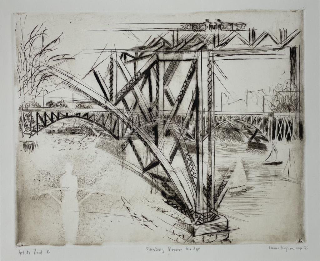 Appraisal: Jerome Kaplan Etching Strawberry Mansion Bridge Frame x Artist Proof