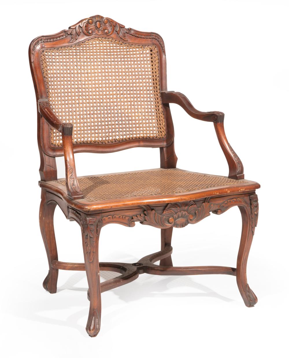 Appraisal: Louis XV-Style Carved Mahogany Fauteuil cabochon and foliate crest rail