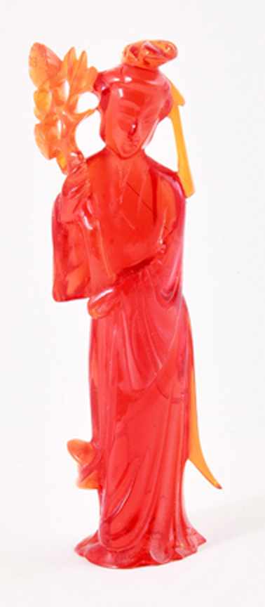 Appraisal: Chinese carved amber figure of Guanyin standing figure in flowing