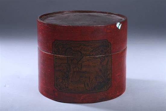 Appraisal: CHINESE RED LACQUERED WOOD HAT BOX Qing Dynasty circa Shanxi