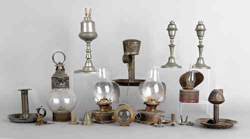 Appraisal: Miscellaneous lighting to include an onion lantern whale oil lamps