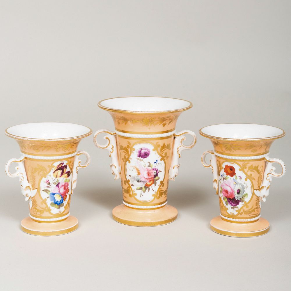 Appraisal: English Porcelain Peach-Ground Three-Piece Garniture The larger x in diam