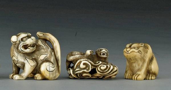 Appraisal: Three ivory tiger studies th Century The first in a