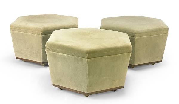 Appraisal: A set of three Lloyd Wright green velvet upholstered hexagonal