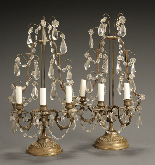 Appraisal: Pair of Continental Brass and Glass Three-Light Candelabra Early th