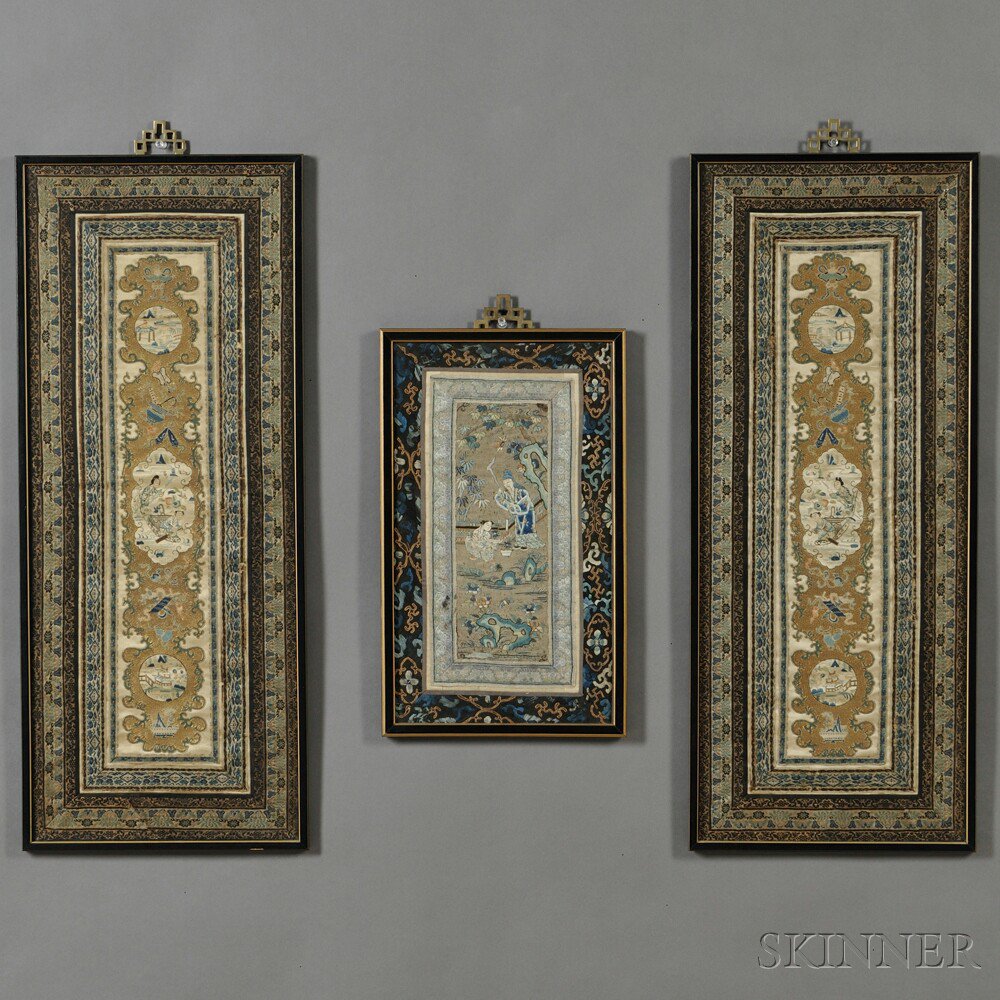 Appraisal: Three Framed Textile Panels China th th century a pair