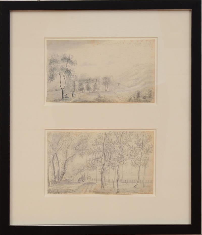 Appraisal: AMERICAN SCHOOL LANDSCAPE WITH FIGURES AND PARK LANDSCAPE Two pencil