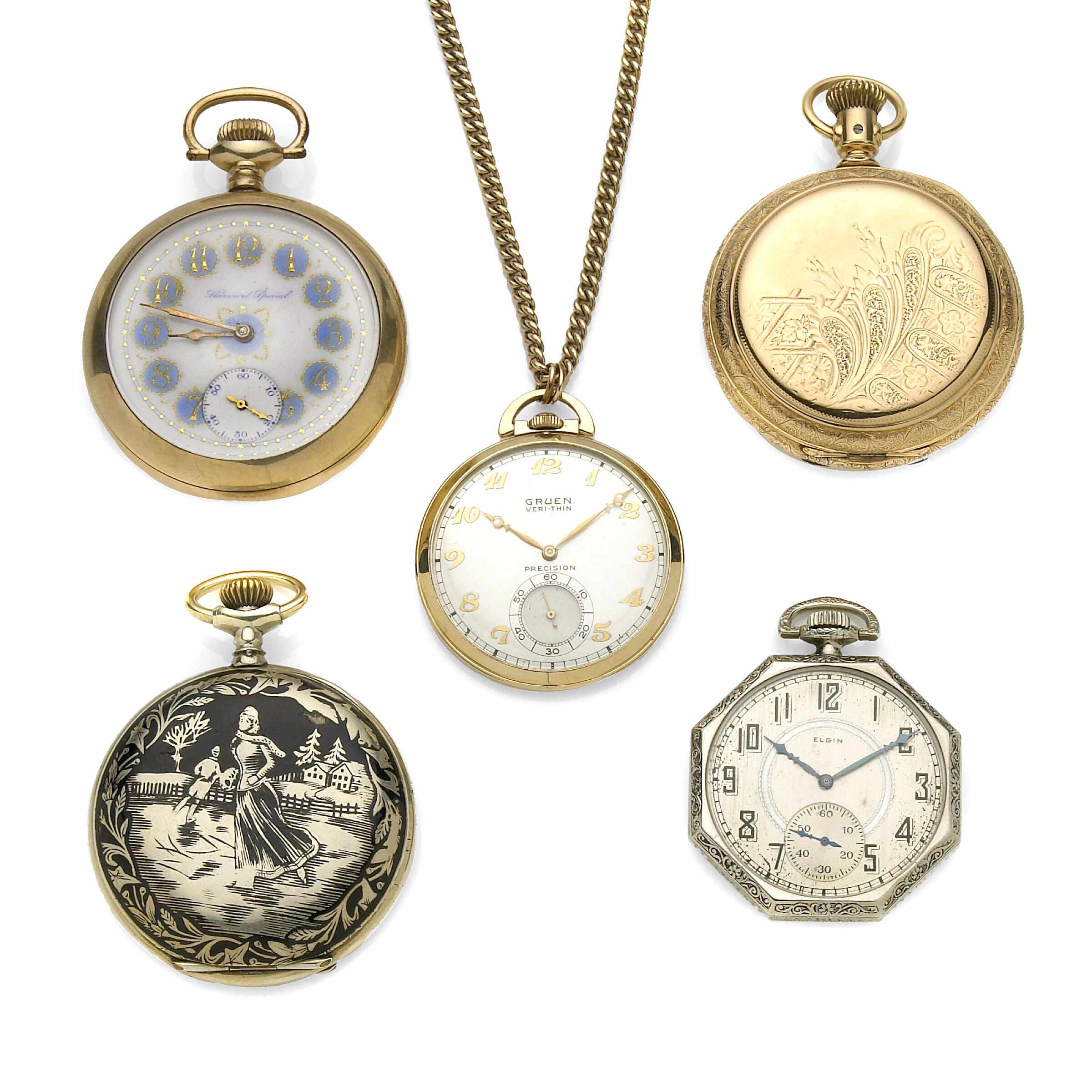 Appraisal: A group of five pocket watches and chains chains and