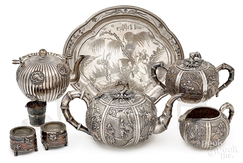 Appraisal: Chinese export three-piece silver tea service Exclusive on Bidsquare Chinese