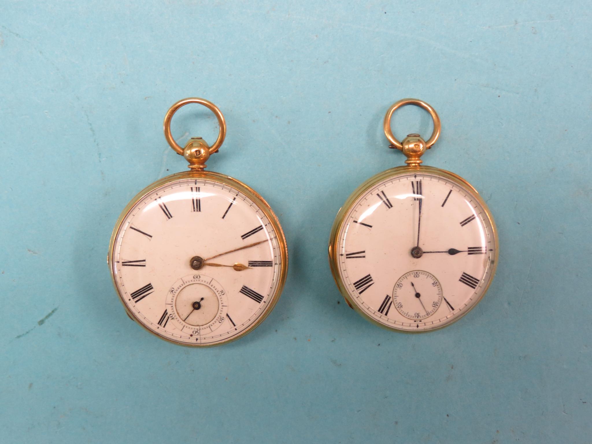 Appraisal: Two ct gold open-face pocket watches each enamelled dial with