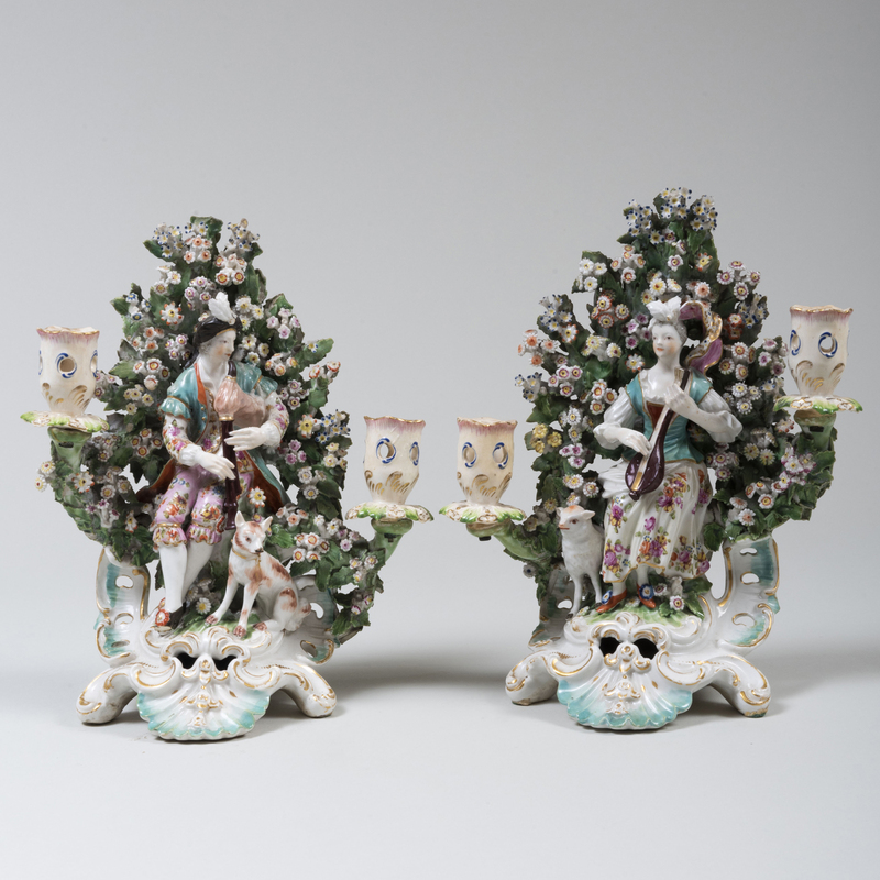 Appraisal: Pair of Chelsea Porcelain Figural Bocage Two-Light Candelabra Unmarked x