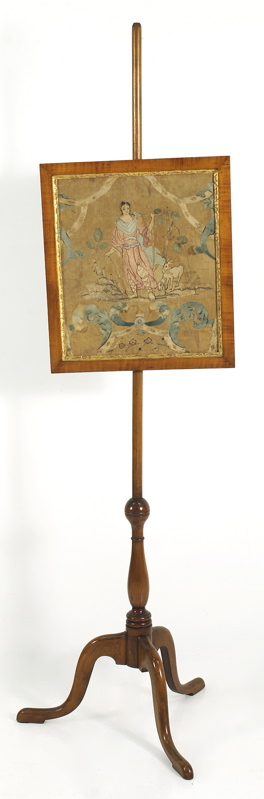 Appraisal: ANTIQUE NEEDLEWORK POLE SCREEN th CenturyWith vase-turned and ball-turned shaft