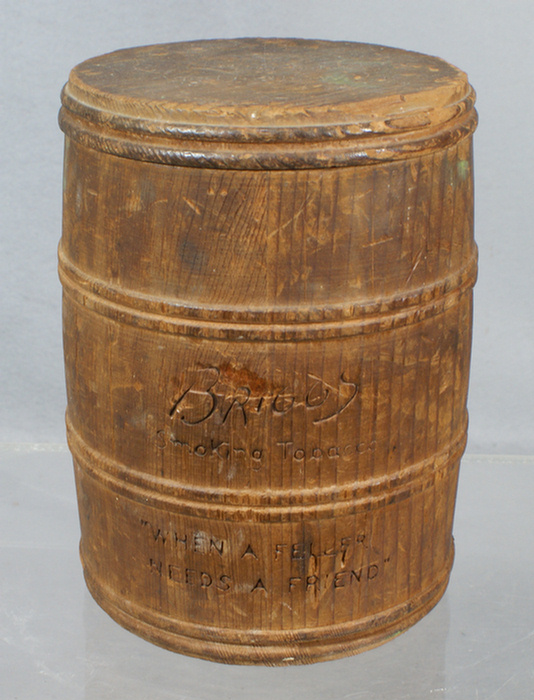 Appraisal: Wooden keg form tobacco advertising humidor Briggs Smoking Tobacco When