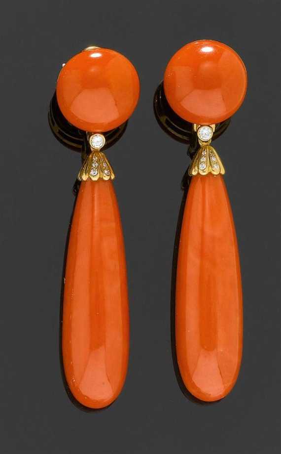 Appraisal: CORAL AND BRILLIANT-CUT DIAMOND PENDANT EARRINGS Yellow gold Decorative clip