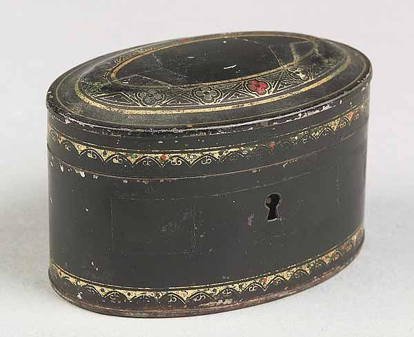 Appraisal: A English T le Peinte Oval Tea Caddy mid- th