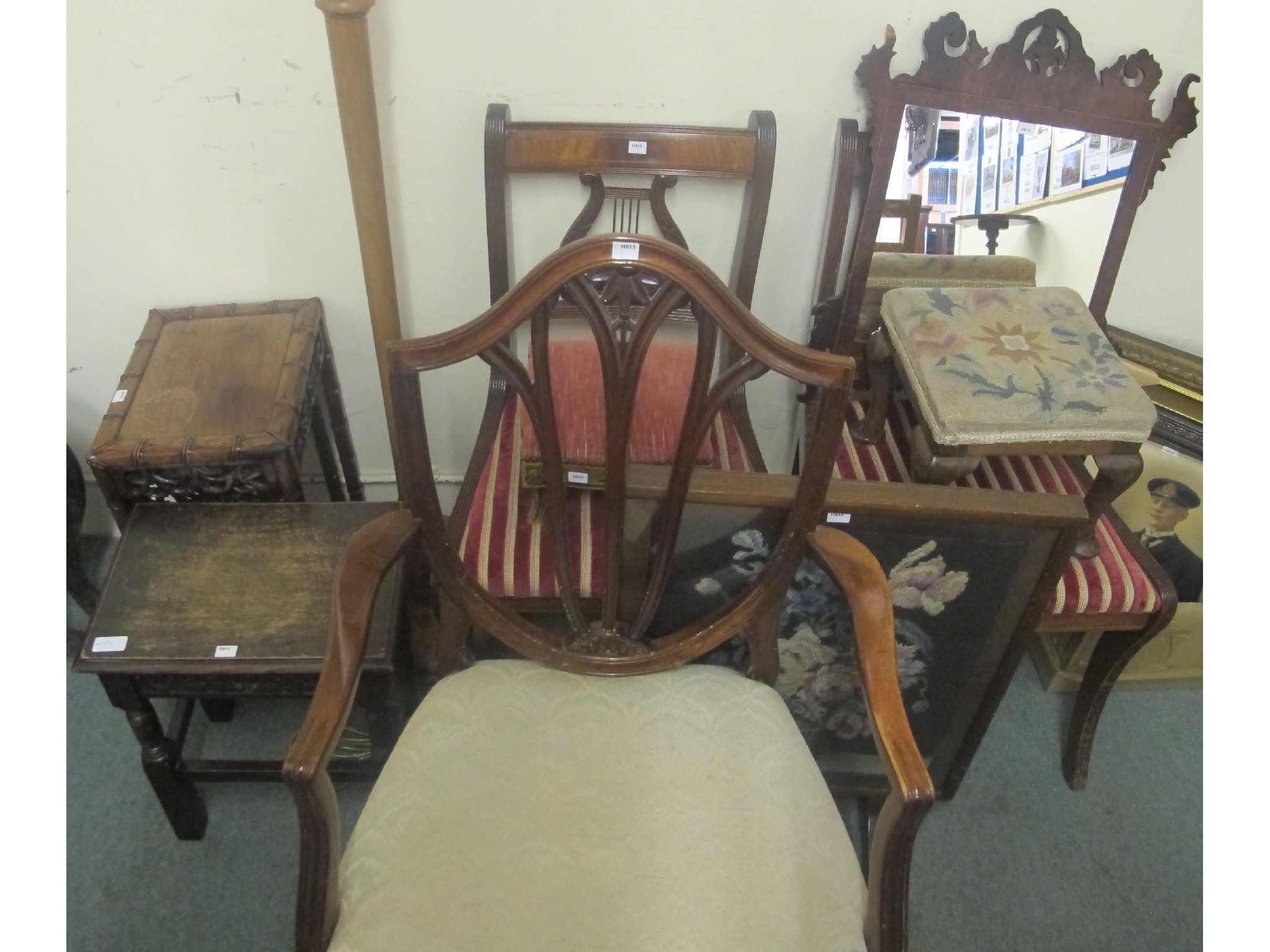 Appraisal: Three assorted mahogany chairs two foot stools standard lamp etc