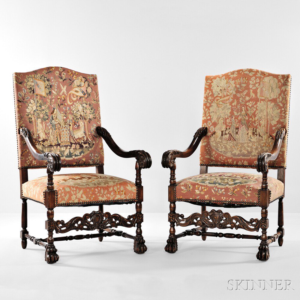 Appraisal: Pair of Louis XIV-style Walnut Fauteuil early th century each