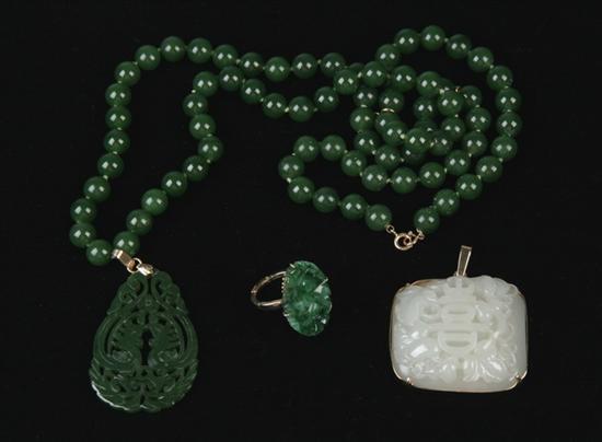 Appraisal: THREE PIECES CHINESE CARVED JADE JEWELRY Including floral-carved mottled green