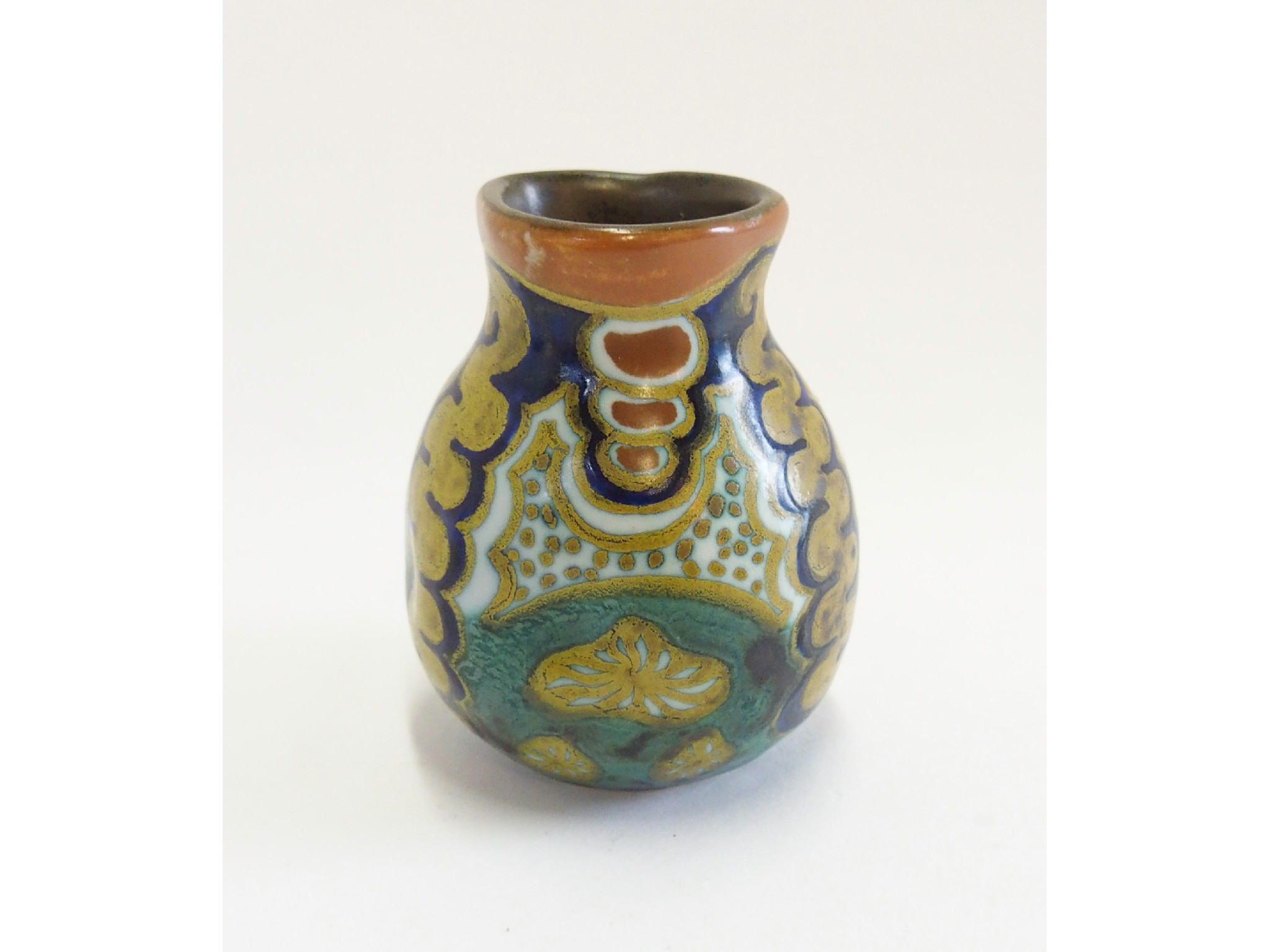 Appraisal: A Gouda painted miniature vase retailed by Liberty Co