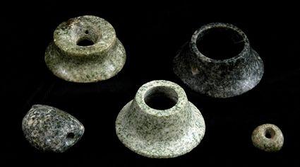 Appraisal: THREE PRE-COLUMBIAN JADE SPOOLS TOGETHER WITH TWO JADE BEADS to