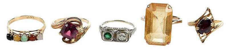 Appraisal: Five Gold Gemstone Rings filigree two stone ring one old