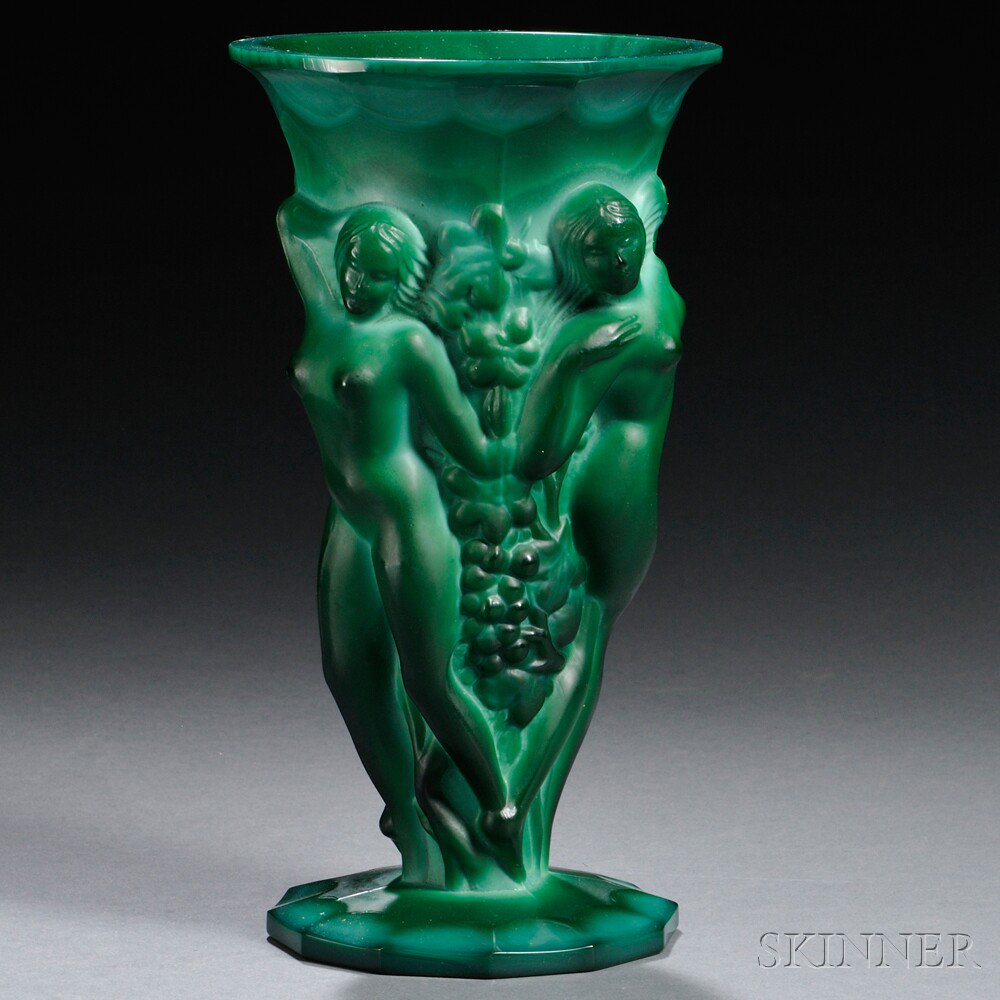 Appraisal: Malachite Glass Vase Attributed to Schlevogt Art glass Czechoslovakia Ingrid